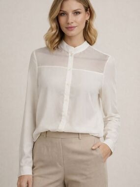 Anne Klein White Sheer Button-Up Blouse | Minimalist Office Workwear Top